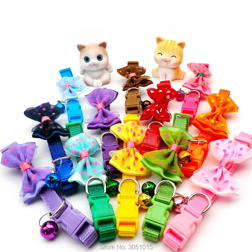 24pcs Easy Wear Cat Dog Pet Bow Collar with Bell Adjustable Cat Puppy Pet Supplies Accessories Small Dog Chihuahua Buckle tag