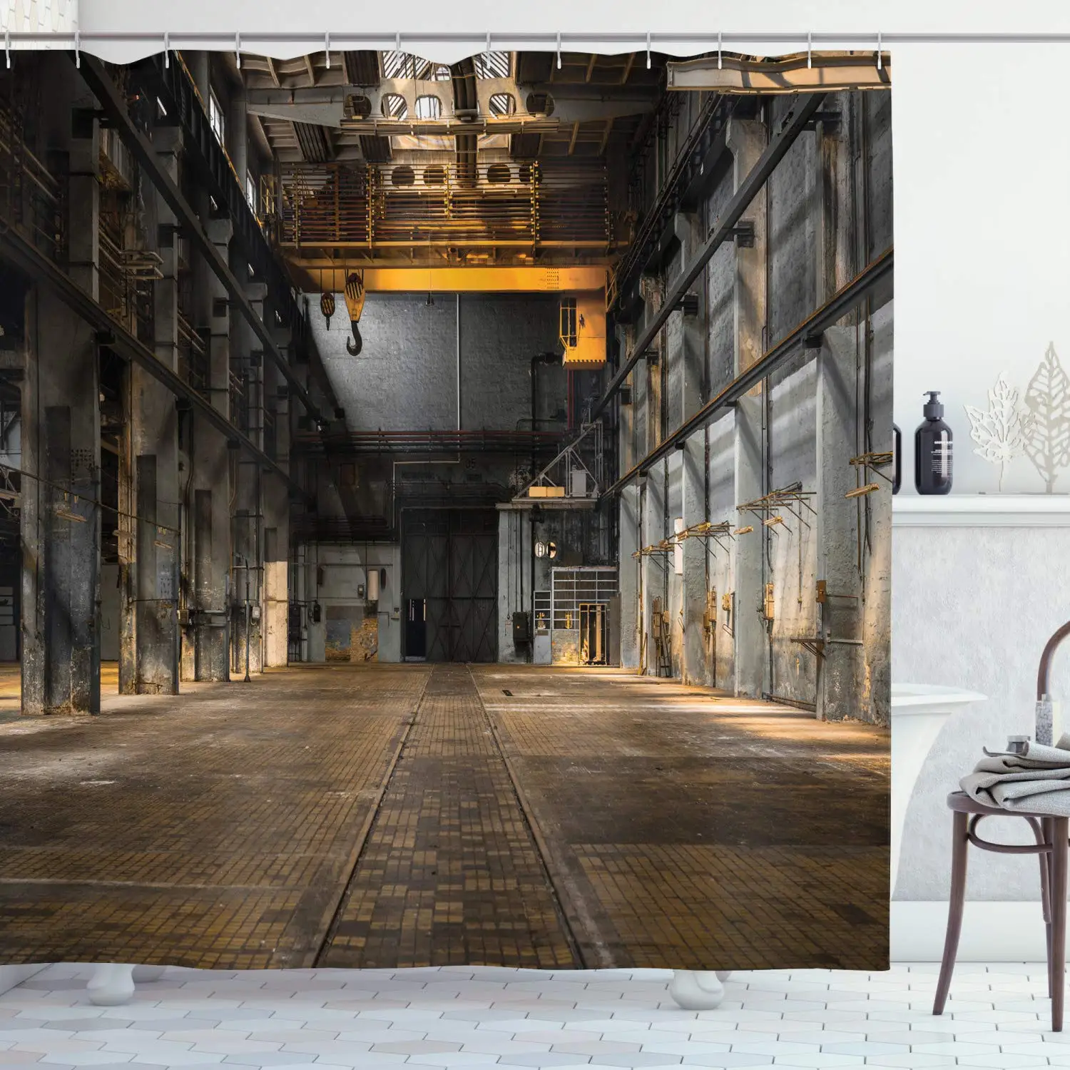

Industrial Shower Curtain, Industrial Interior of Old Factory Building Construction Spooky Warehouse, Cloth Fabric Bathroom