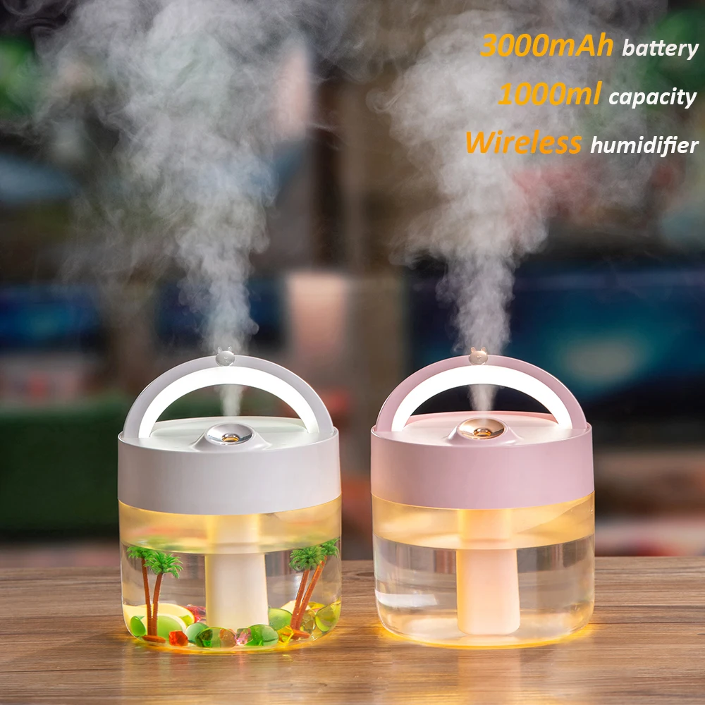 

Wireless Air Humidifier 1000ML Water Diffuser 3000mAh Battery Rechargeable Ultrasonic Cool Mist Maker Fogger USB Humidificador