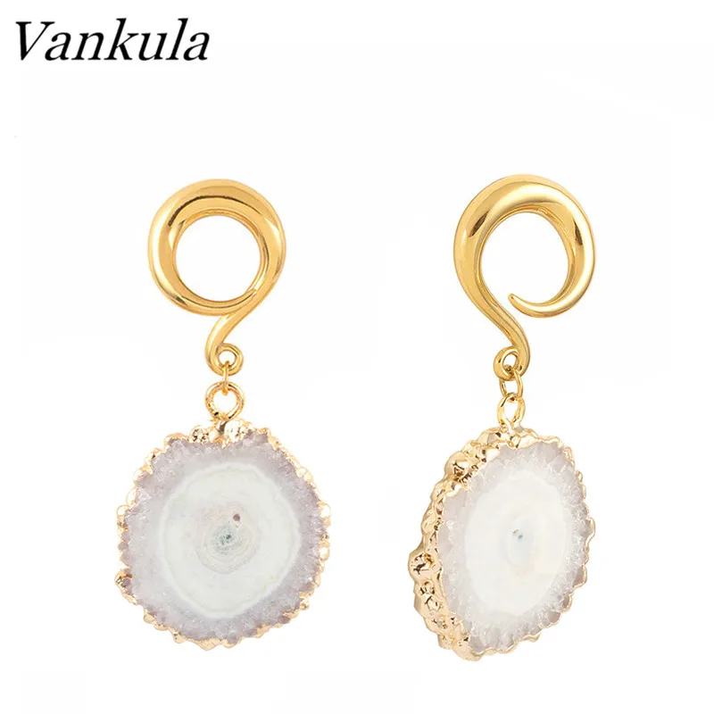Vankula, 2 шт., новинка, натуральный камень, болтаются, затычки для ушей, тоннель, нержавеющая сталь, крючки для ушей, пирсинг, ювелирные изделия - Окраска металла: gold 1