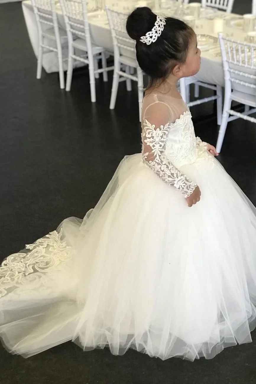 Communion Dresses Ball Gown Flower Girl Dresses Tulle Lace Long Sleeves Cute Girl Party Dress Vestidos De Comunion