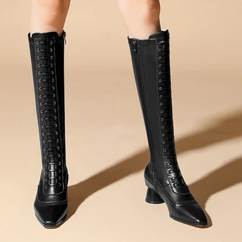 

Brand New Design Chic Chunky Heels Genuine Leather Brogue Knee High Riding Boot Cow Skin Elegant Women Shoes Boots
