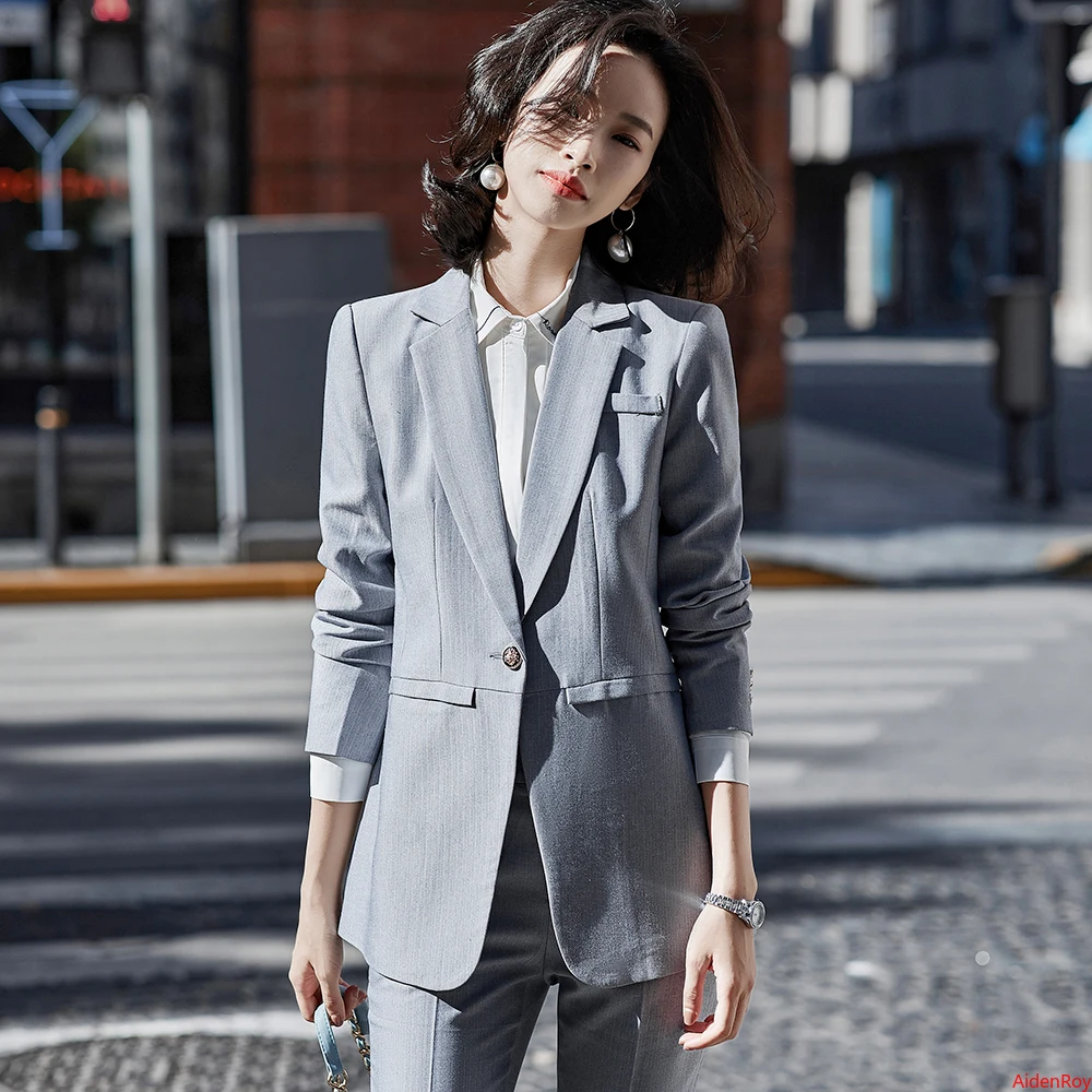 

Formal Elegant Autumn And Winter Gray Black Women's Suit Pants 2 Piece Set Office Ladies Blazer Jacket Work Wear Trousers Suit
