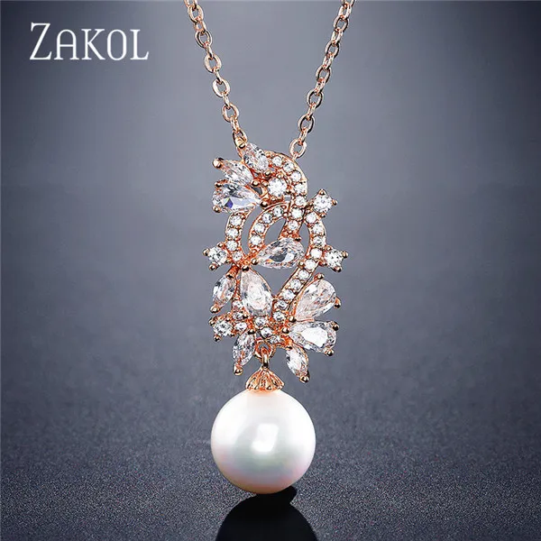 Rose Gold Color ZAKOL Fashion Female Bridal Jewelry CZ Zirconia Necklaces Pendants with Imitation Pearls for Elegant Women Wedding FSNP2118 - Окраска металла: Rose Gold Color