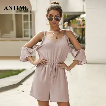 

Antime Spaghetti Strap Playsuits Women Loose Lace Up High Waist Fashion Solid Short Rompers Off Shoulder Playsuit Jumpsuit