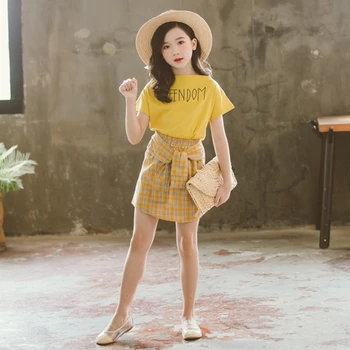 

Children Clothes Summer Plaid Skirt Set Sweet Short Sleeve T-shirt+Irregular Skirts 2pcs Toddler Girl Outfits Casual Girls Suits