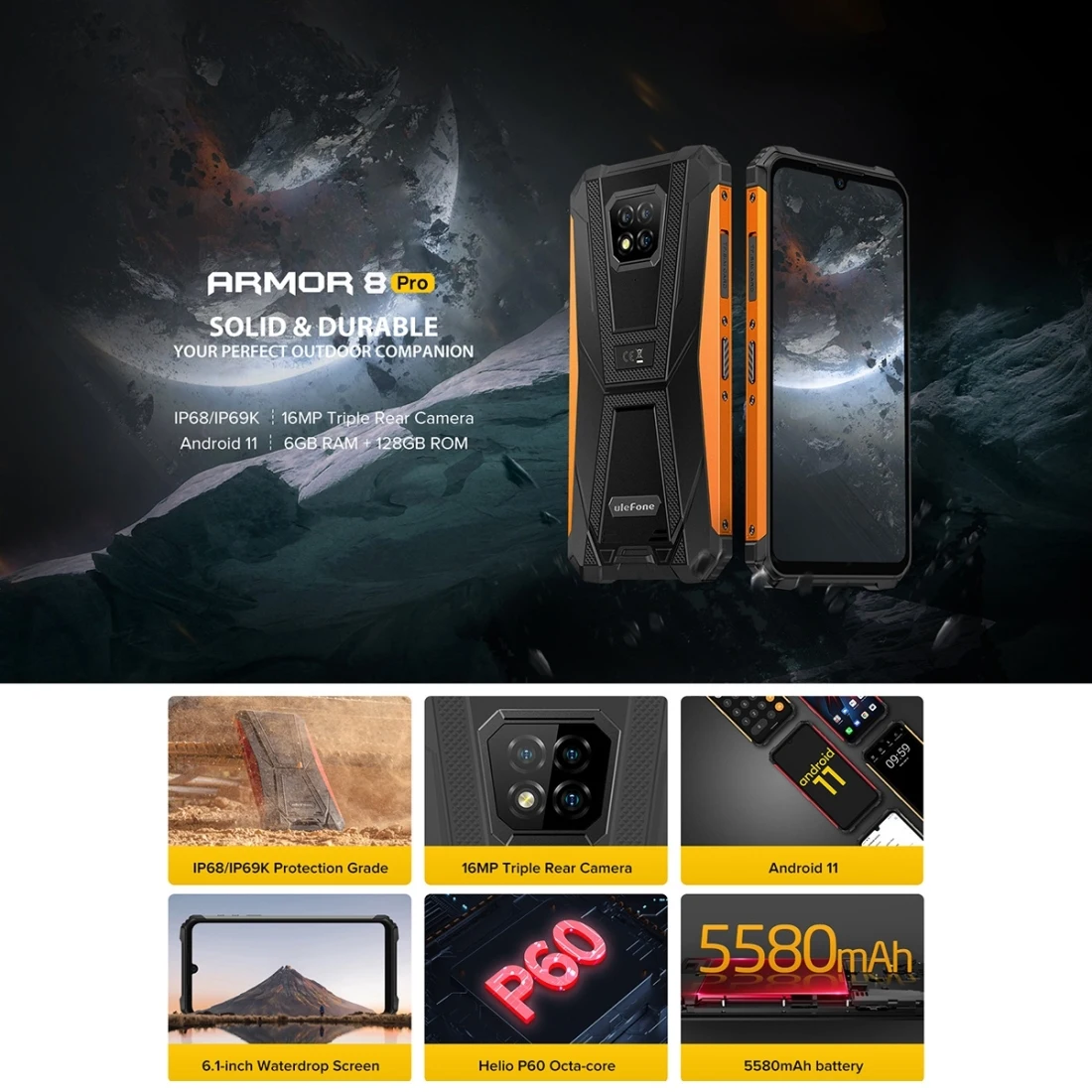 Ulefone Armor 8 Pro Rugged Phone 6GB 128GB Face Fingerprint ID 5580mAh Battery 6.1" Android 11 Octa-core 4G OTG NFC Smartphone cheap android cell phones