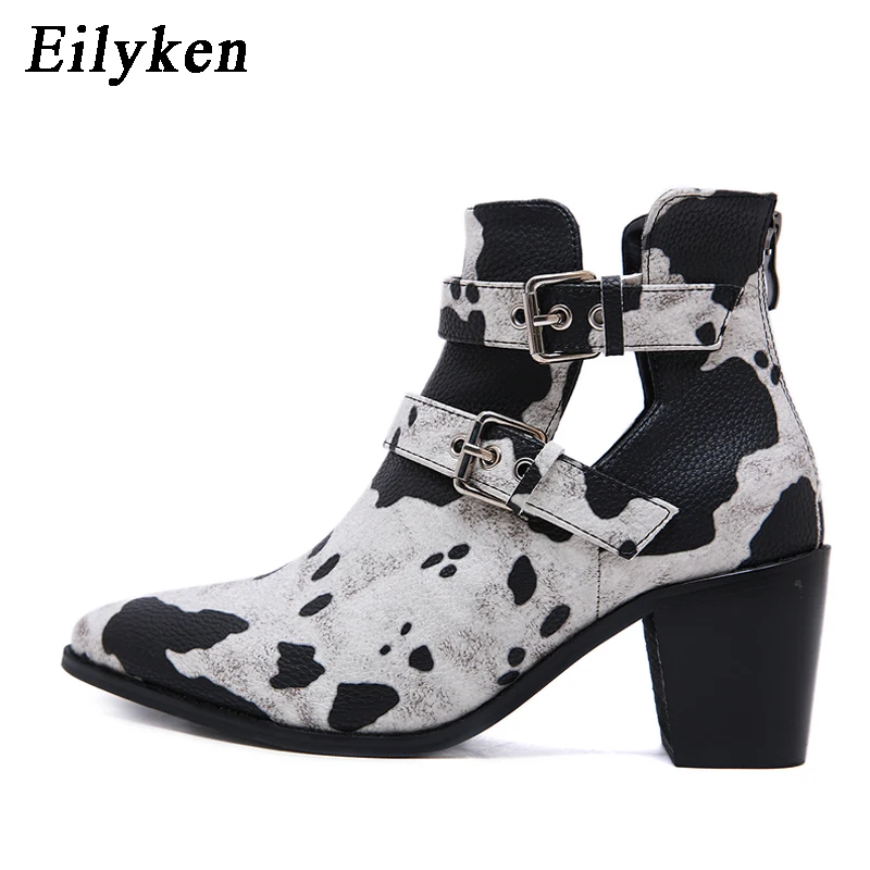 Cow color Eilyken/ Модные ботильоны; женские ботинки из искусственной кожи с острым носком; женские ботинки на танкетке с квадратным каблуком; Размеры 35-41 - Цвет: Cow color