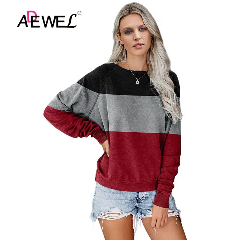 

ADEWEL Gray Red Raglan Sleeve Color Block Pullover Sweatshirt Patchwork Pullovers Women Tops O Neck Fall Casual Women Sweatshirt