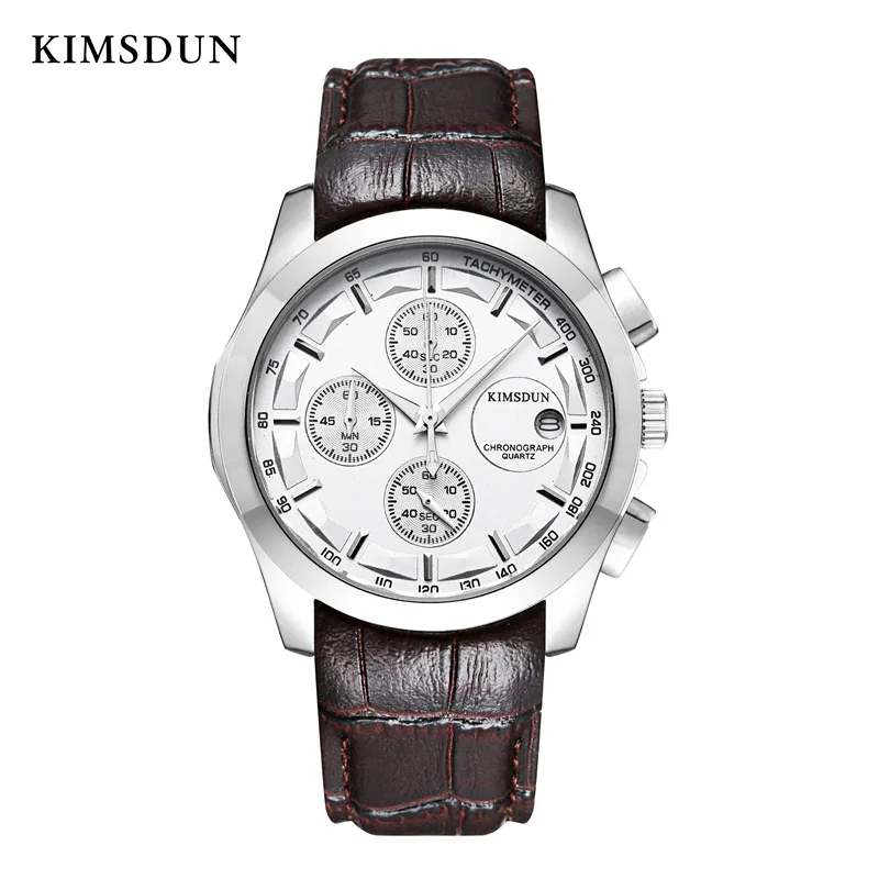Brown Silver White KIMSDUN TEND, топ бренд, роскошные модные повседневные кварцевые мужские часы с кожаным ремешком, мужские наручные часы, часы для мужчин - Цвет: Brown Silver White