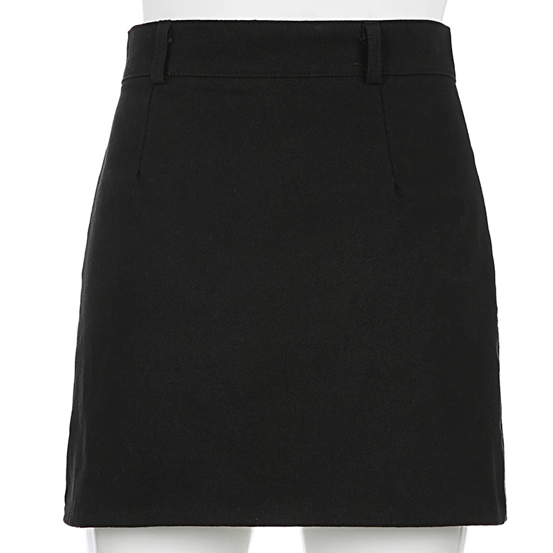  Sweetown Black Punk Style Denim Skirt Streetwear Metal Chain Patchwork High Waist Skirts Womens Ele
