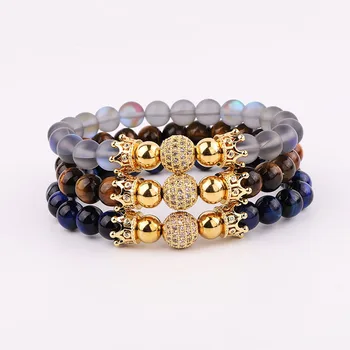 Dropshipping New Design Natural Stone CZ Pave Crown Charm Stretch Beads Bracelet For Men Women Jewelry Gift