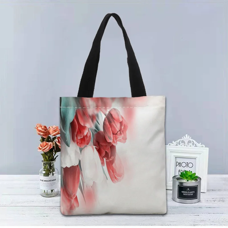 Tulip Flower Handbag Foldable Shopping Bag Reusable Eco Large Unisex Canvas Fabric Shoulder Bags Tote Grocery Cloth Pouch 1214 