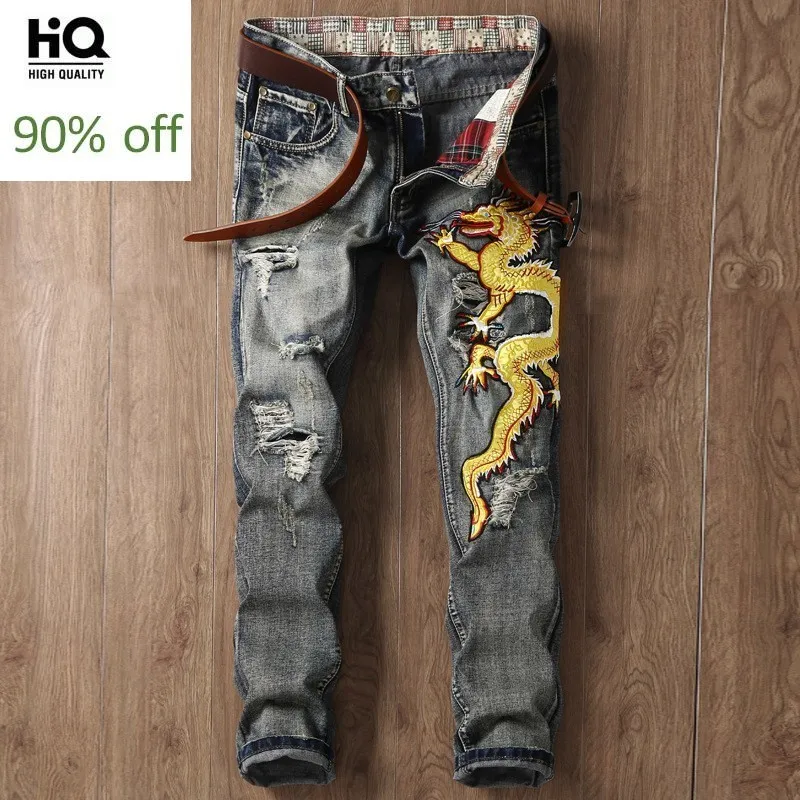 

Men's Denim Jeans 2020 Spring Hot Fashion Brand Embroidery Slim Fit Hole Ripped Jean For Men Straight Hip Hop Cowboys Pants Man