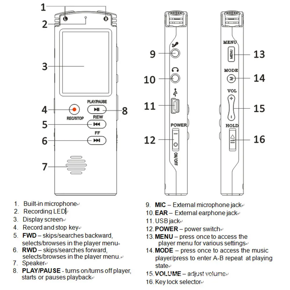 32 Гб T60 USB Профессиональный диктофон 99 часов цифровой Аудио Диктофон WAV, MP3 плеер