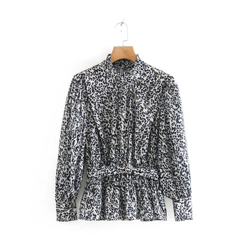 

VomVoa European and American Women's Spring New Retro Animal Print High Turtleneck Shirt Waist Tie Temperament Long Sleeve Top