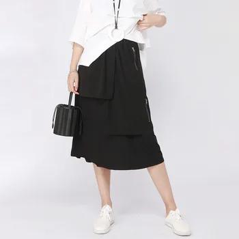 

XUXI 2020 New Summer Dark Wind Half Body Pleated Skirt Women's Elastic Waist Loose Slim Zipper Streetwear Long Skirt FZ1415