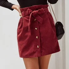 

Spring Summer Corduroy High Waist A-Line Mini Skirts Female New Fashion Casual Women Single-breasted Sashes Skirts with Pocket