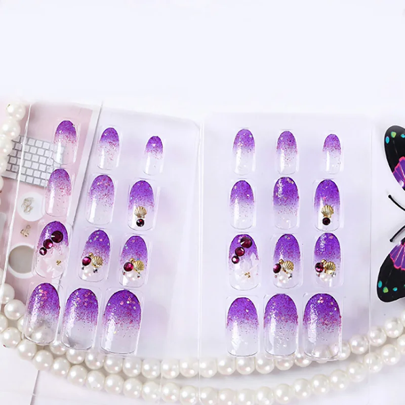 24pcs Purple Color False Nails Natural Flower Carved Long Size Fake Nails Women Nail Art Tips With 2g Glue Glue New Fashion - Цвет: A