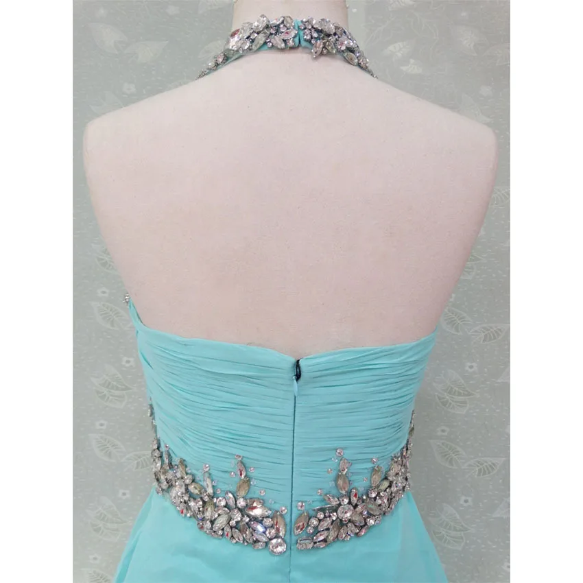 С украшением в виде кристаллов vestido de renda с лямкой на шее; модная пикантная обувь с длинным шифон вечерние Выходные туфли на выпускной бал элегантные платья для женщин платья для подружек невесты