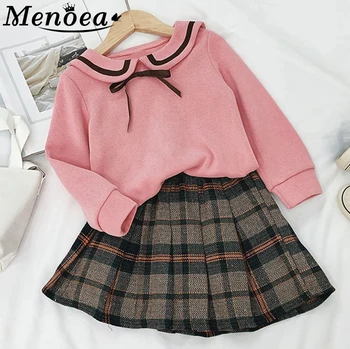 

Menoea Kids Baby Autumn Girl Clothes Long Sleeve Knitwear + Plaid Skirt bowknot Casual 2 pcs suits Student Girls' Clothing Sets