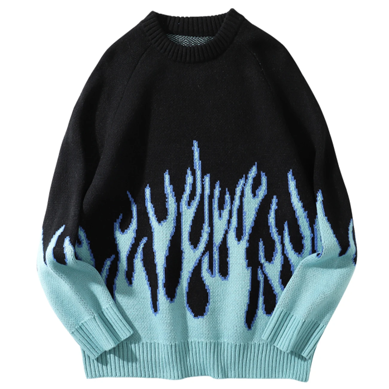 Couple Sweater Oversized Streetwear-Tops Pullover Men Fire-Flame Harajuku Blue Casual