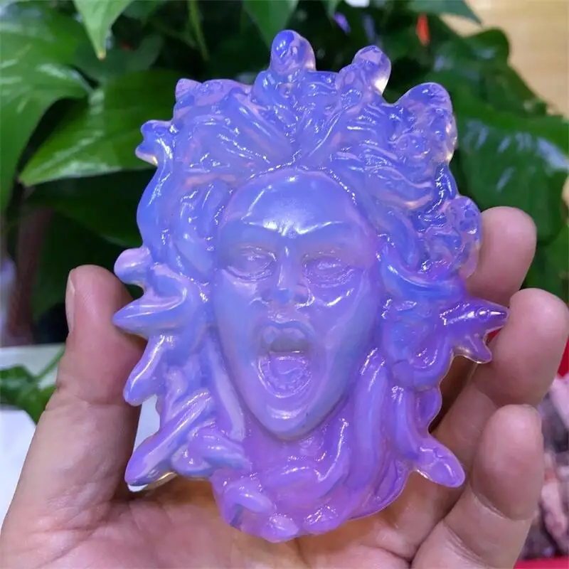 

High Quality Crystal Quartz Blue Opal Carved Medusa Head Portrait Crystal Stone Statue Mineral Gem Reiki Home Decor Gift