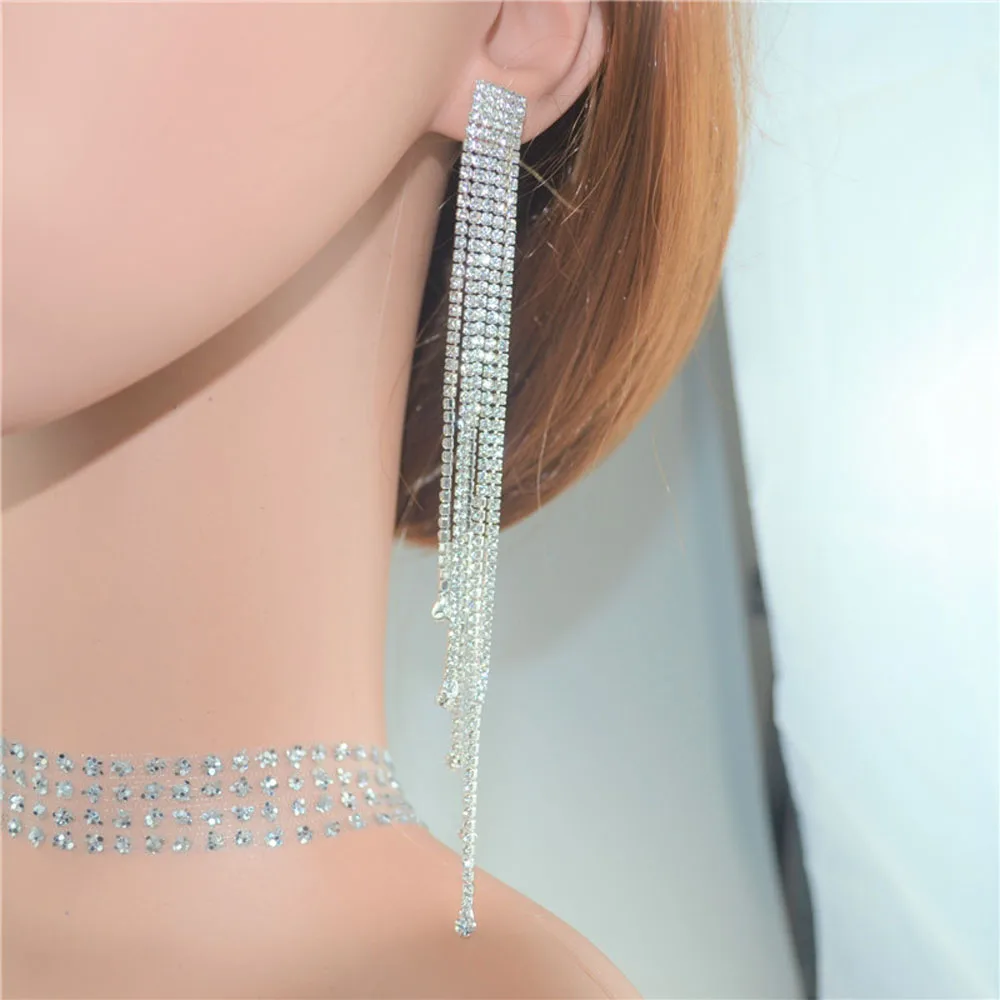 2 цвета модные серьги-подвески Rhinestone Висячие серьги кисточкой Длинные Подвесные серьги для женщин вечерние ювелирные аксессуары