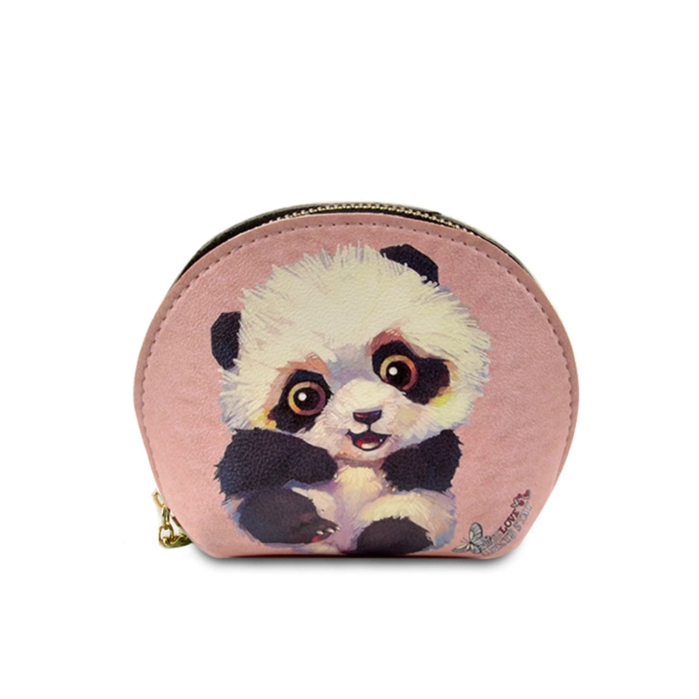 

B02083 Custom Animal Panda Print Coin Bag Genuine Leather Women Wallet Purses Colorful Graffiti Coin Pouch with Keychain