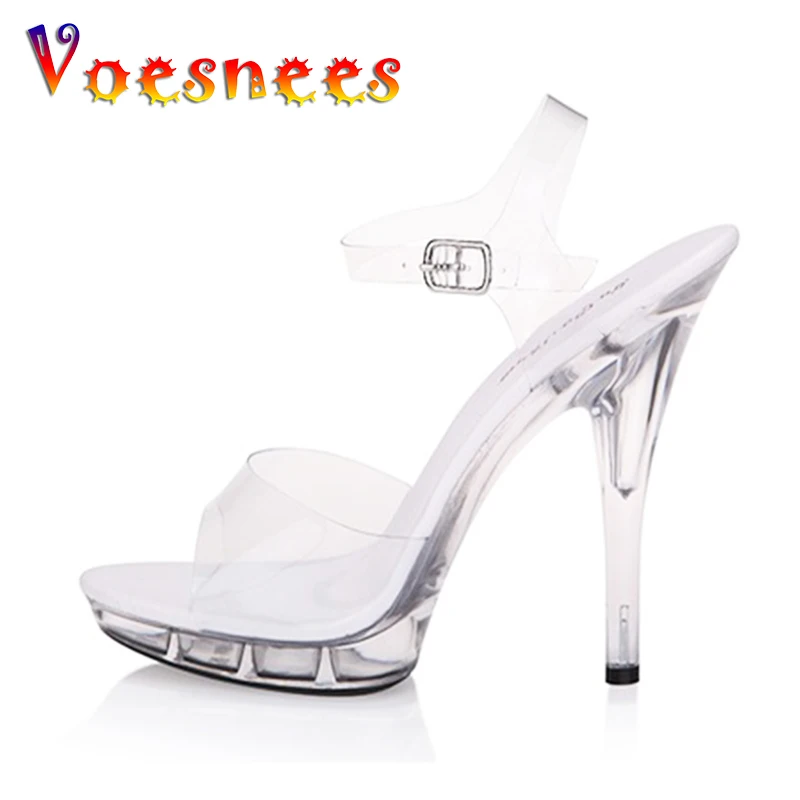 

Voesnees Sexy High Heeled 12 CM Women Sandals 2021 Women Fashion Clear Heels Open Toe Thin Bottom comfort Transparent Party Shoe