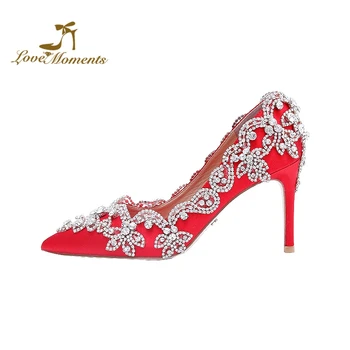 

2019 Elegant Red Satin Bride Shoes Gorgeous Rhinestone Wedding Party Shoes Pointed Toe Handmade Lady High Heels Cinderella Pumps