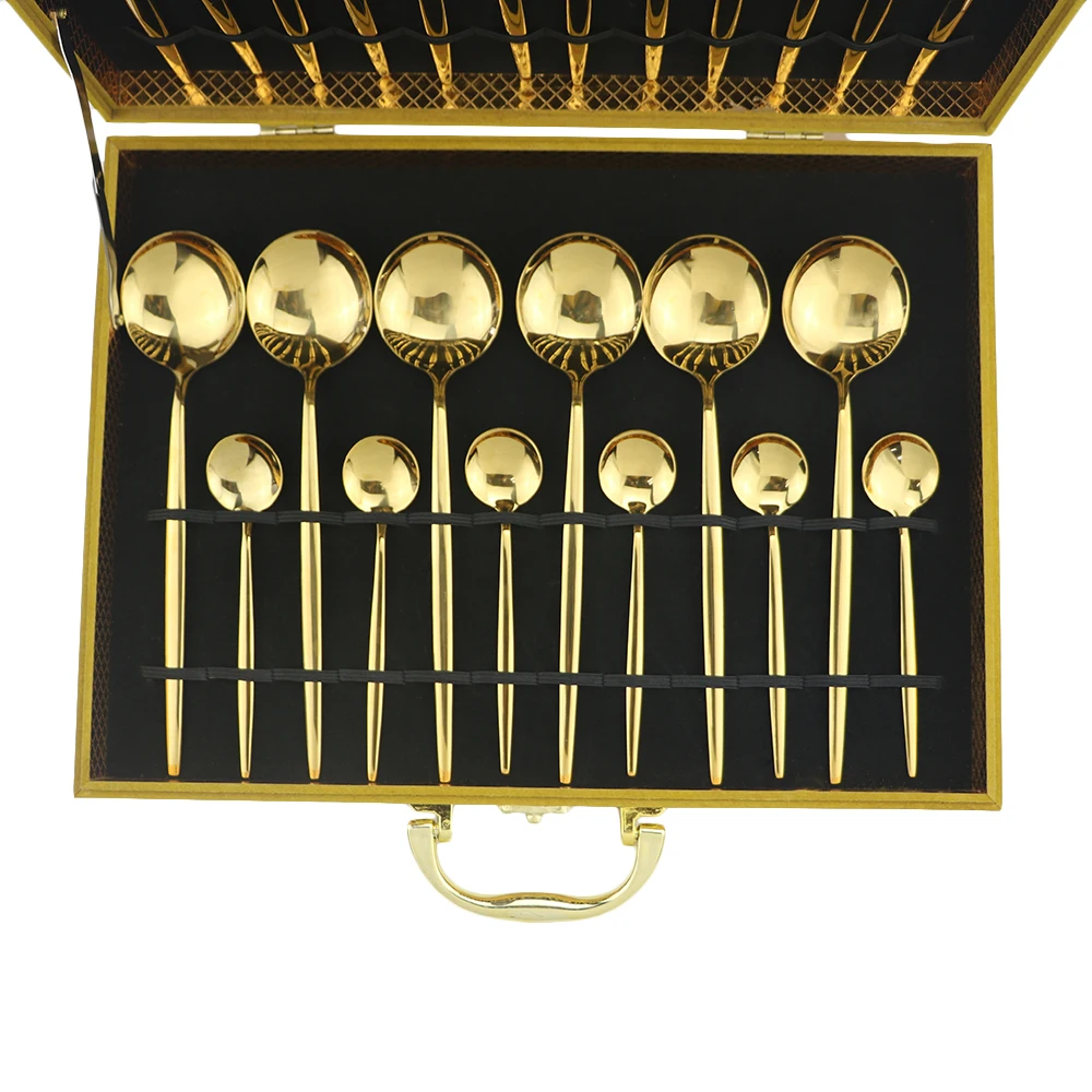 24Pcs-Luxury-Golden-Dinnerware-Set-304-Stainless-Steel-Cutlery-Set-Steak-Knife-Fork-Gold-Silverware-With.jpg 24Db Luxus Arany Étkészlet 304 Rozsdamentes Acél Evőeszközök Steak Kés Villák Ezüst Edény Fa Ajándékdoboz - Image 3