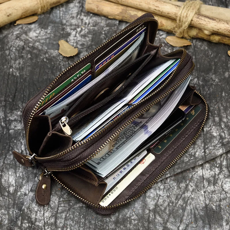 Retro Crazy Horse Leather Purse for Men Clutch Purse Double Zipper 24 Cards Clutches Vintage Woman Genuine Leather Long Wallet 6