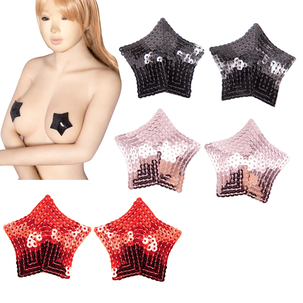 1 Pair Women Star Shaped Sparkling Sequins Nipple Covers/Breast Petal Pasties Adhesive and Reusable Stickers Bra Pad Patch
