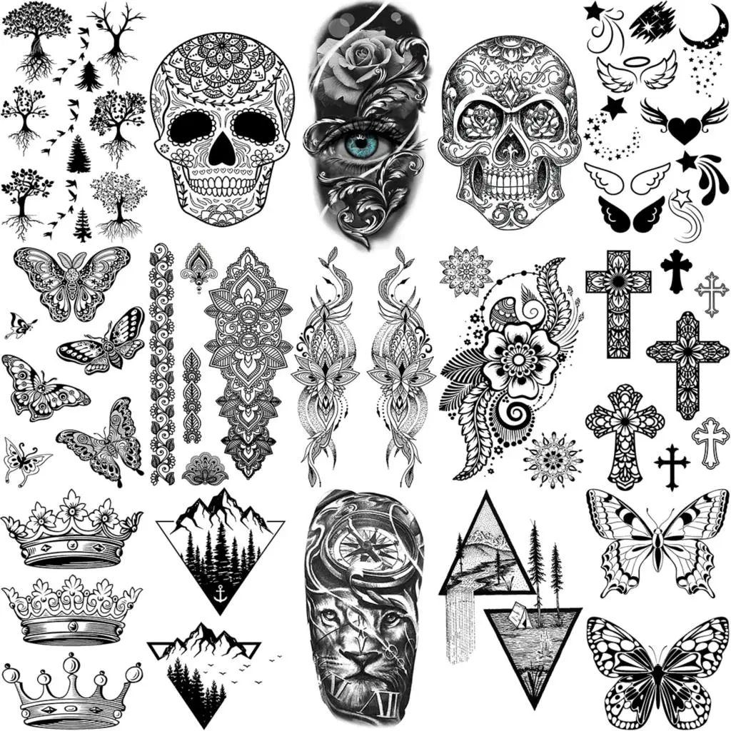 Black Mandala Cross Temporary Tattoos For Women Adult Men Skull Skeleton Crown Compass Tatoos Butterfly Fake Tattoo Small Decal | Красота и