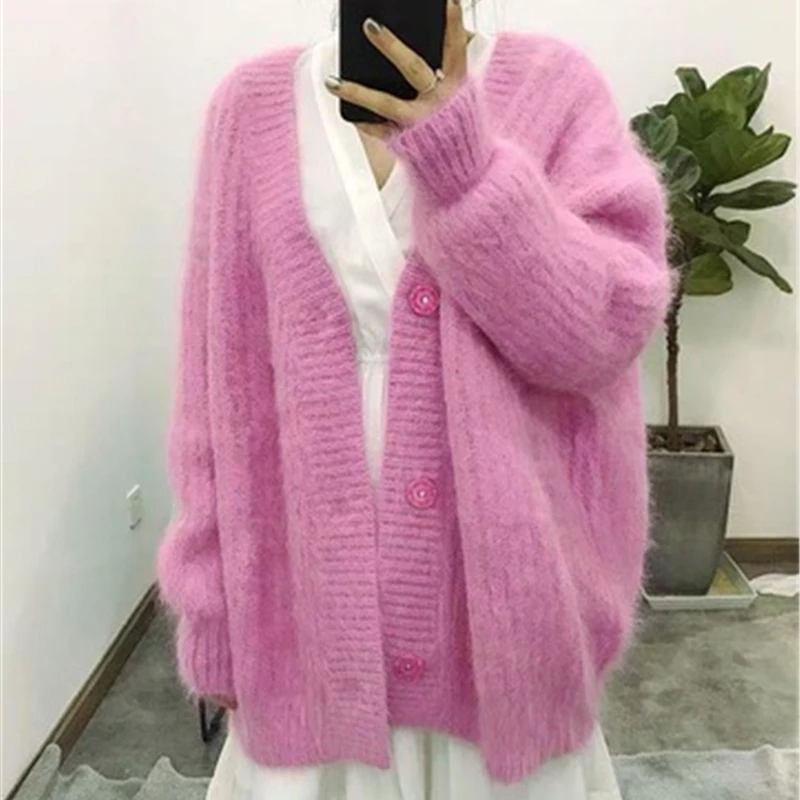 

Thick Mink Cashmere Sweater Jackets Fall Winter Korean N-neck Casual Loose Solid Color Warm Cardigans Female Furry Pull Femme