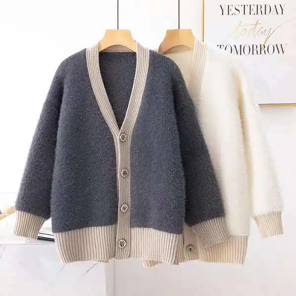 

Mooirue Winter Loose Sweater Coat Patchwork V Neck Button Casual Streetwear Vintage Harajuku Cardigan Knitting Korean Style Tops