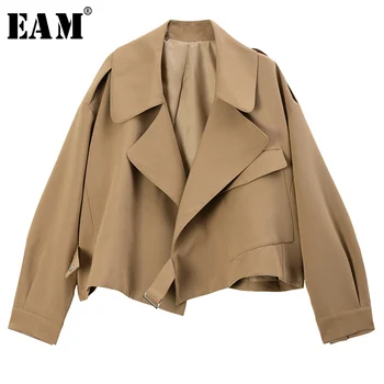 

[EAM] Loose Fit Camel Brief Split Joint Big Size Short Jacket New Lapel Long Sleeve Women Coat Fashion Tide Spring 2020 1S198