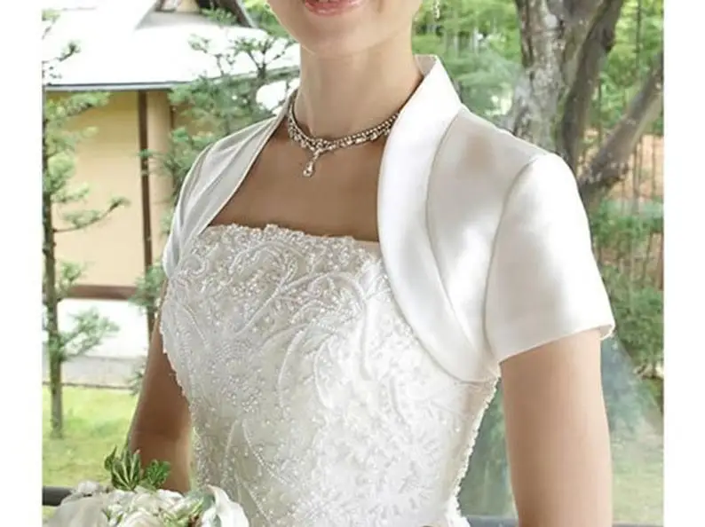 2025 Satin Wedding Jacket Short Sleeves Custom Made Color/Size Bridal Bolero with Collar Feminino Bride Cape Femme Mariage Shrug