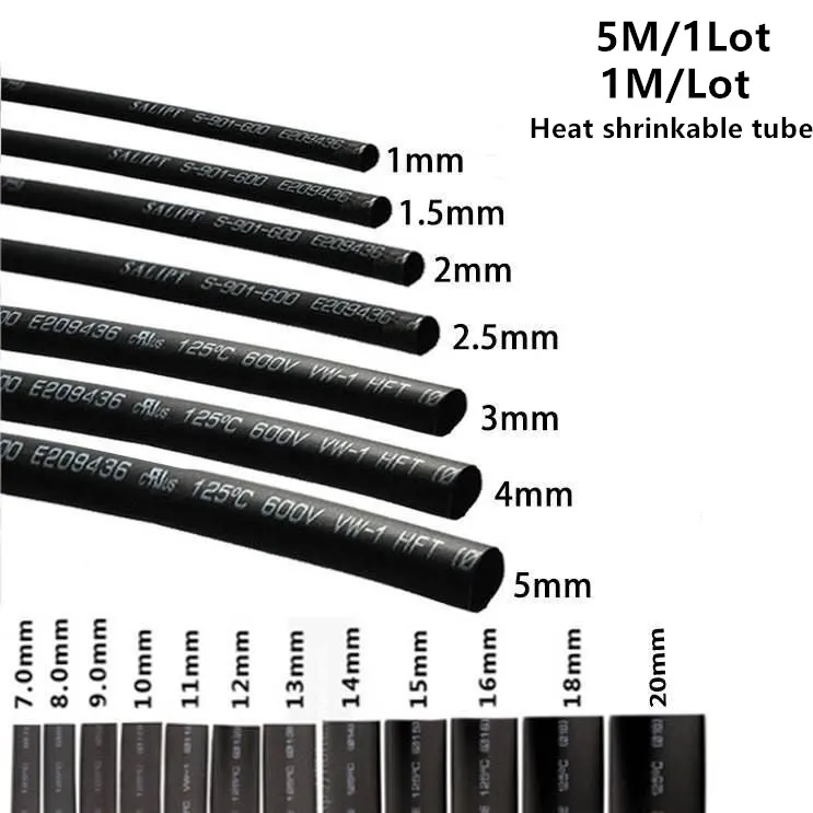 

5 METER/LOT BLACK 1mm 1.5mm 2mm 2.5mm 3mm 3.5mm 4mm 5mm 6mm Heat Shrink Tubing Tube