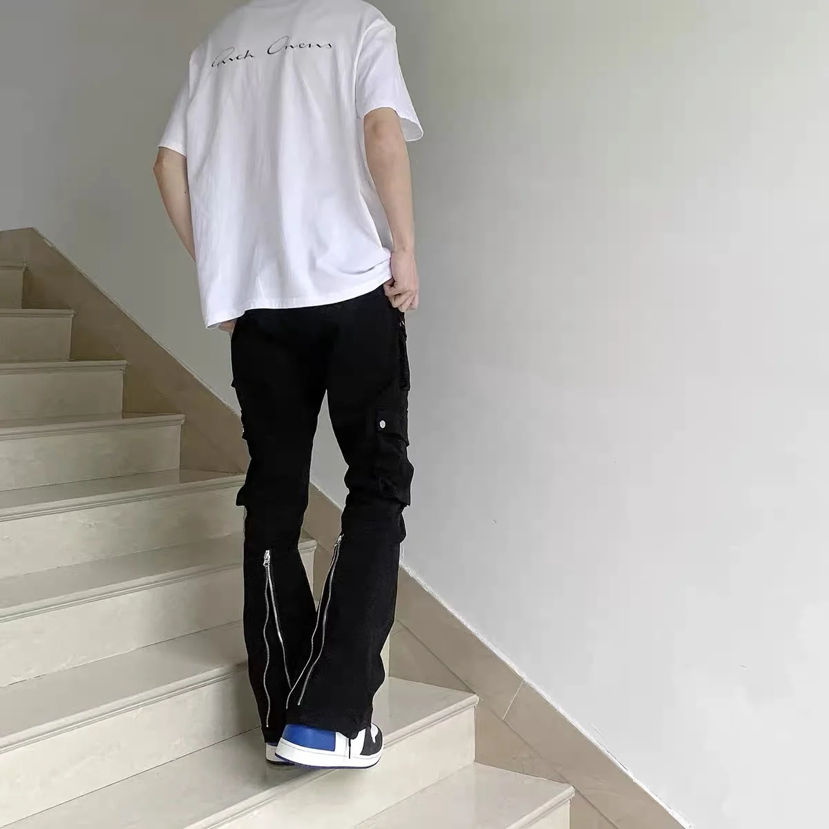 New Men Women Clothing Fashion Hairstylist Zipper Micro Flared Pants Multi Pocket Overalls Plus Size Singer Costumes 27-46
