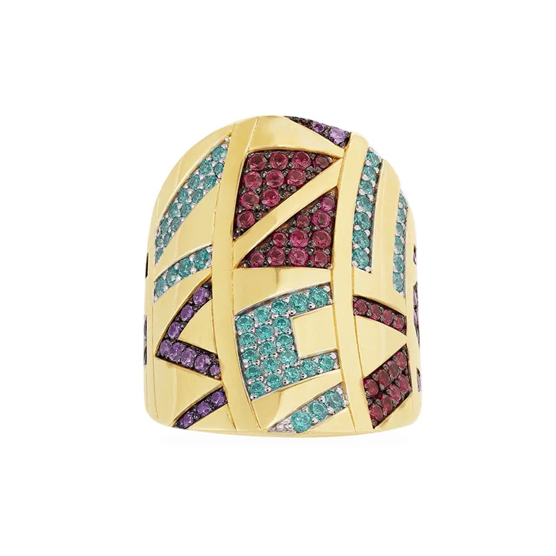 

Brand New Gold Color 925 Sterling Silver Large Multicolor Tribal Statement Ring AAA Zircons Mana Jewelry Collection for Women