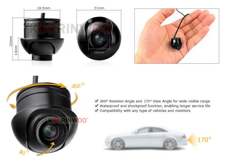 Koorinwoo HD CCD 360 зеркало заднего вида камера 18,5 мм передняя форма IP68 Автомобильная камера заднего вида dash Реверсивный RCA парковочная система боковая