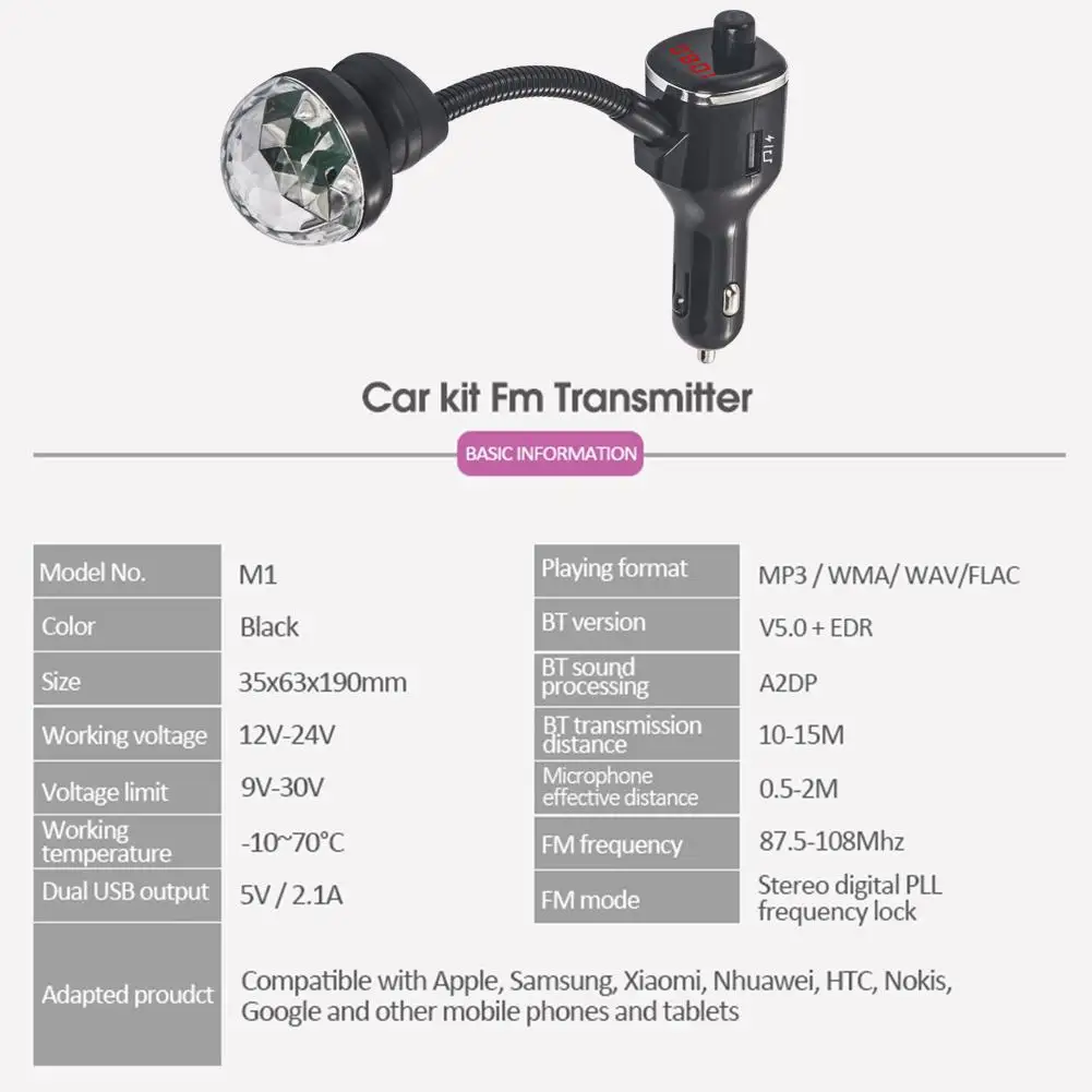 M1 Красочные Bluetooth 5,0, свободные руки, FM передатчик, Автомобильный USB Зарядное устройство комплект с ночной светодиодный свет Беспроводной Mp3 аудио адаптер Hands-free звонков