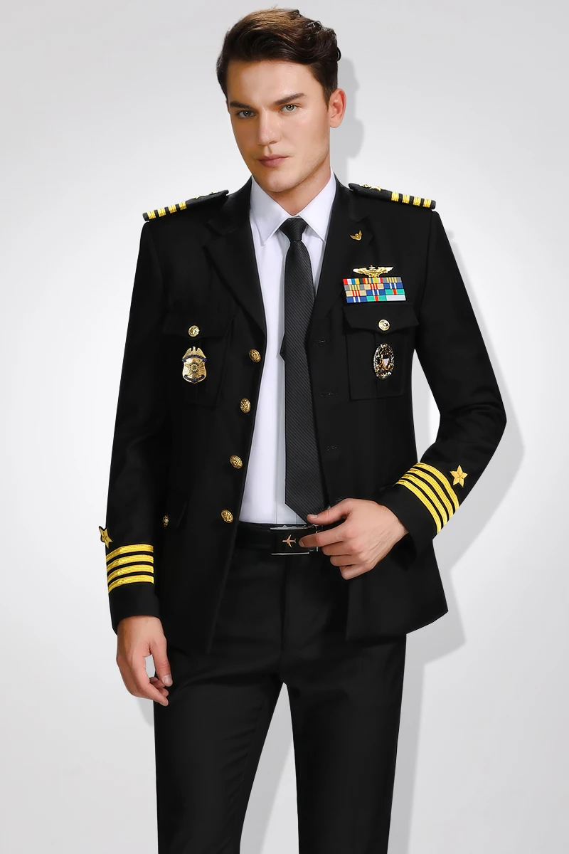 High Quality Admiral Military Uniform Male Navy Captain Uniform Suits Single-Breasted Suit Sets With Badges Security Workwear