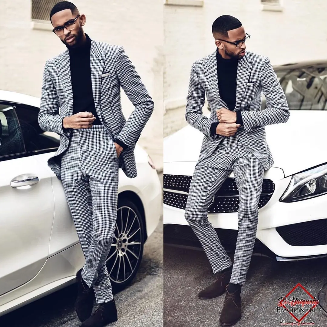 PROD 1005003027284440 Grey Houndstooth Mens Suits 2PCS Wedding Tuxedos
Costume Homme Mariage Formal Best Man Suit Tweed Suits Jacket Pants