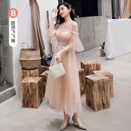 Khaki B Beauty Emily/6 стилей, кружевное платье подружки невесты с круглым вырезом и аппликацией, фатиновые праздничные платья средней длины для свадьбы, плиссированное платье - Цвет: Khaki B