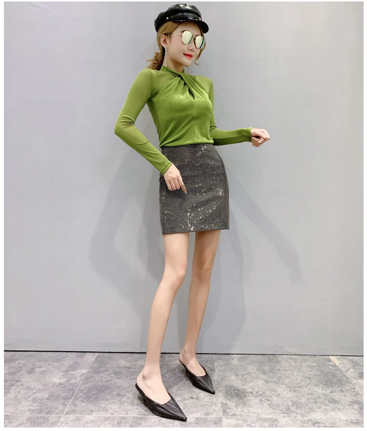 Chemisier Femme, новинка, сетчатая однотонная женская блузка с длинным рукавом, топы, повседневная приталенная рубашка с круглым вырезом, женская одежда, осень 7300 50