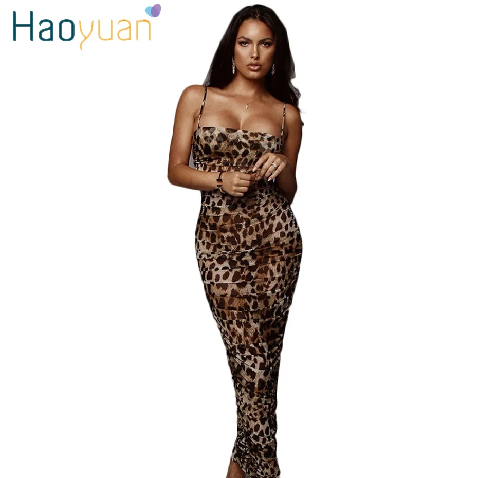 

HAOYUAN Sexy Leopard Spaghetti Strap Maxi Dress Bodycon Sleeveless Women Summer Clothing Vestidos Snake Print Ladies Dresses