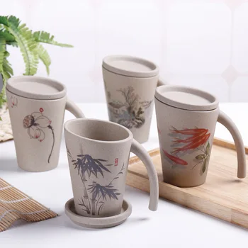 

Ceramics Nostalgia with Cover Coffee Mugs Chinese Style Flower Landscape Pattern Breakfast Milk Tea Cups Office Household